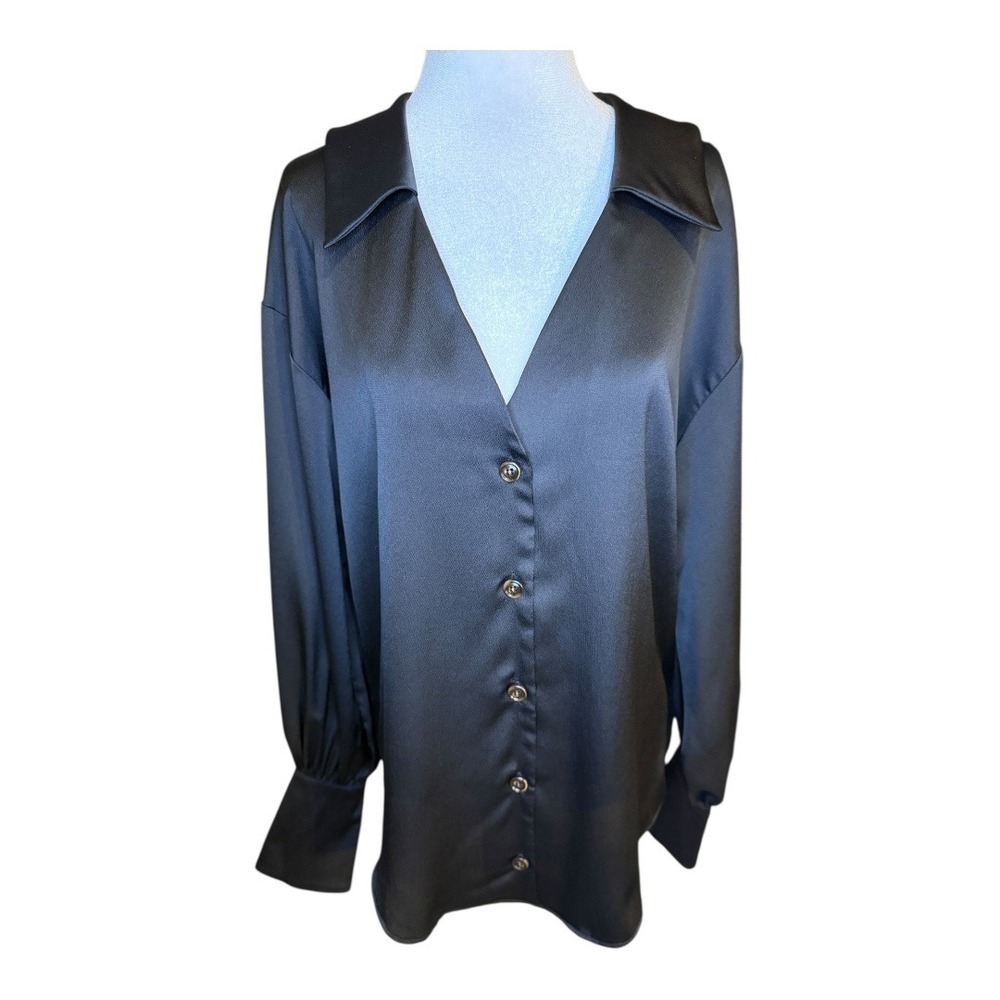ASOS DESIGN Black Satin Collared Button Down Long Sleeve Shirt Top Women‎ US 2